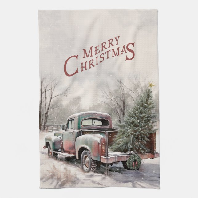 Vieux camion Noël Arbre Serviette de cuisine (Vertical)