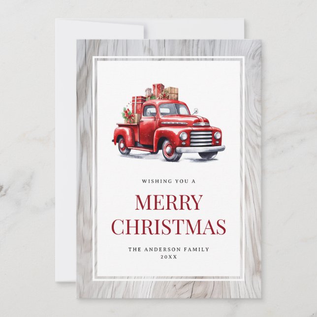 Vieux Camion Rouge Russe Bois Joyeux Carte de Noël (Devant)