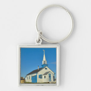 View of a blue and white church in Dene tribe Keychain