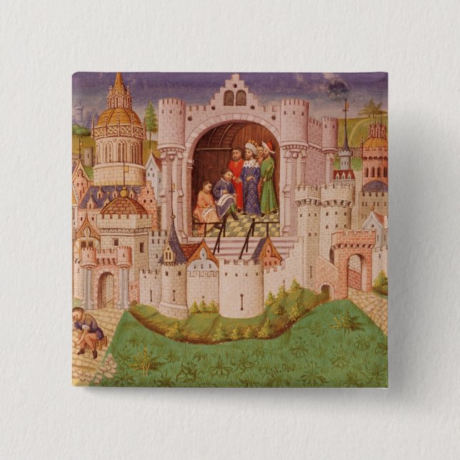 View of a city with labourers paving roads 2 inch square button (Front)