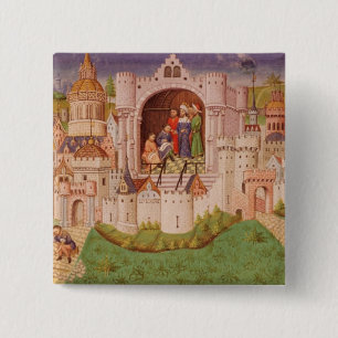View of a city with labourers paving roads 2 inch square button