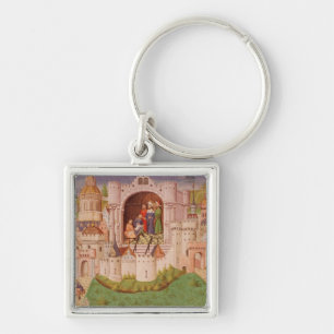 View of a city with labourers paving roads keychain