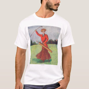 View of a Woman in Red Golfing T-Shirt