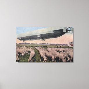 View of a Zeppelin Blimp over Grazing Sheep Canvas Print