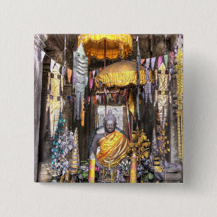 View of altar area inside Buddhist temple, 2 Inch Square Button