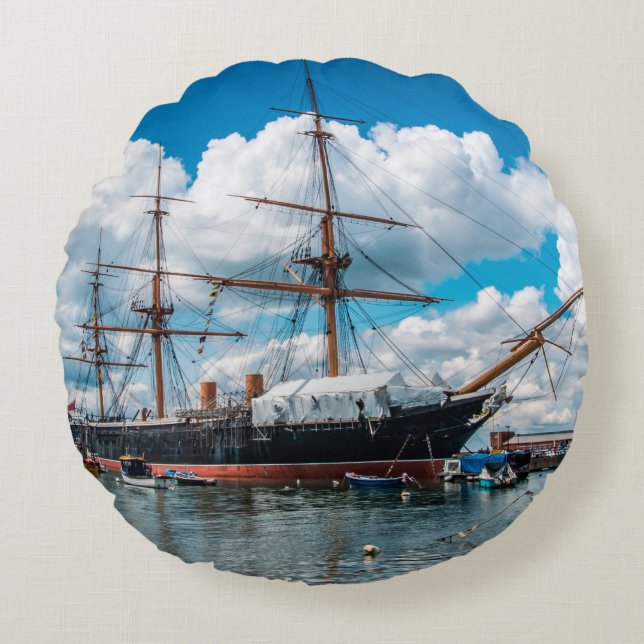 View of an historic Victorian armoured frigate bat Round Pillow (Front)