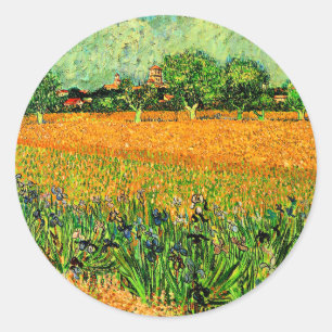View of Arles with Irises in Foreground, Classic Round Sticker