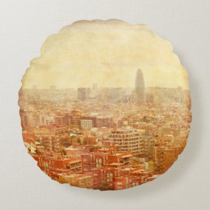 View of Barcelona in grunge and retro style. barce Round Pillow