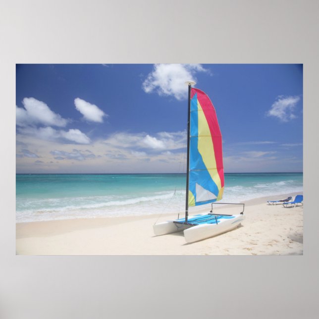 View Of Beach With Sailboat Poster (Front)