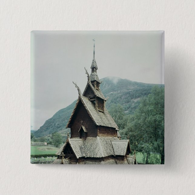 View of Borgund stave church, c.1150 2 Inch Square Button (Front)