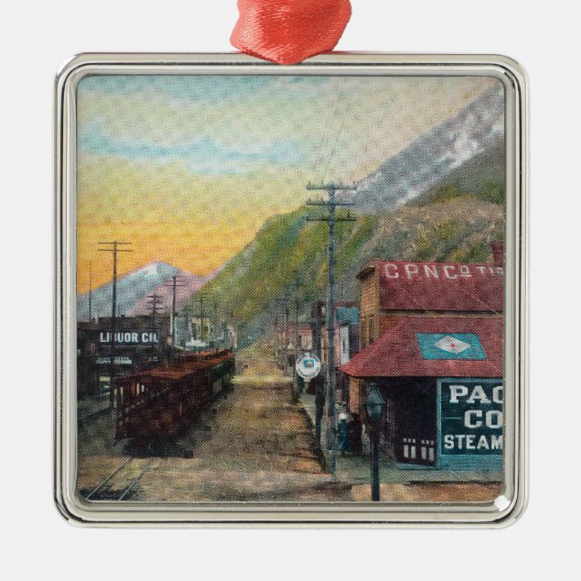 View of Broadway & Railroad CarsSkagway, AK Metal Ornament (Front)