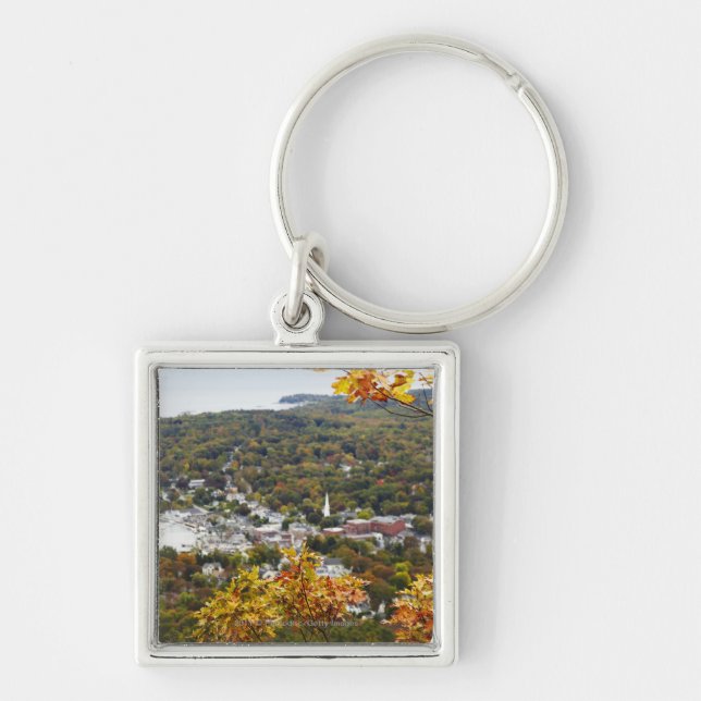 View of Camden Hills State through Fall Trees Keychain (Front)