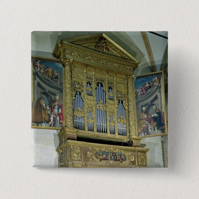 View of church organ, c.1590 2 inch square button (Front)