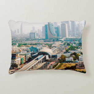 View of city metro line and skyscrapers accent pillow