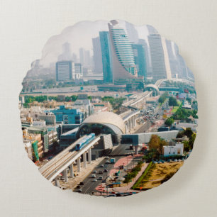 View of city metro line and skyscrapers round pillow