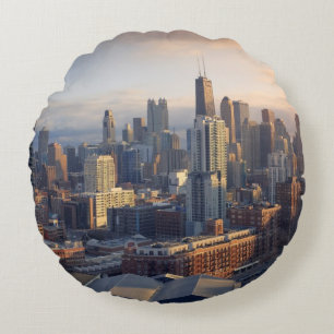 View of cityscape with fantastic light round pillow