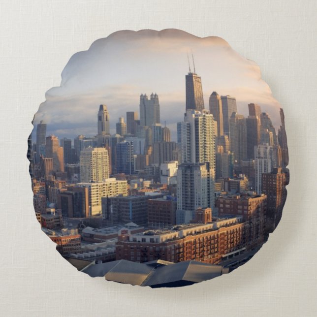 View of cityscape with fantastic light round pillow (Front)