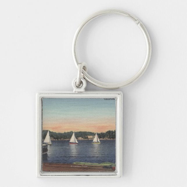 View of Dock, Lake, & Sailboats Keychain (Front)