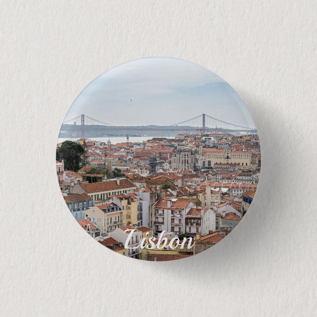 View of Lisbon old town and 25th of April Bridge 1 Inch Round Button (Front)