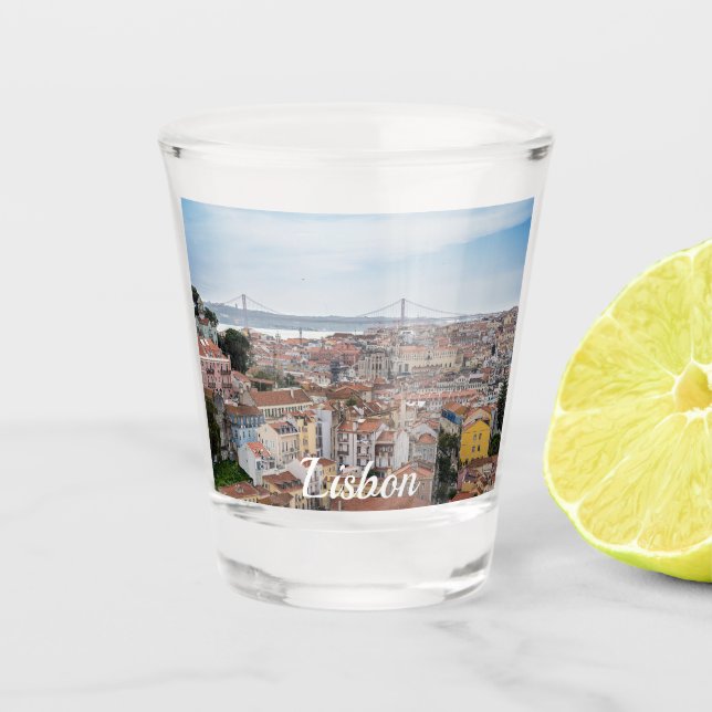 View of Lisbon old town and 25th of April Bridge Shot Glass (Front)