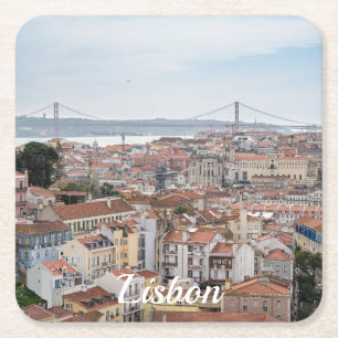 View of Lisbon old town and 25th of April Bridge Square Paper Coaster