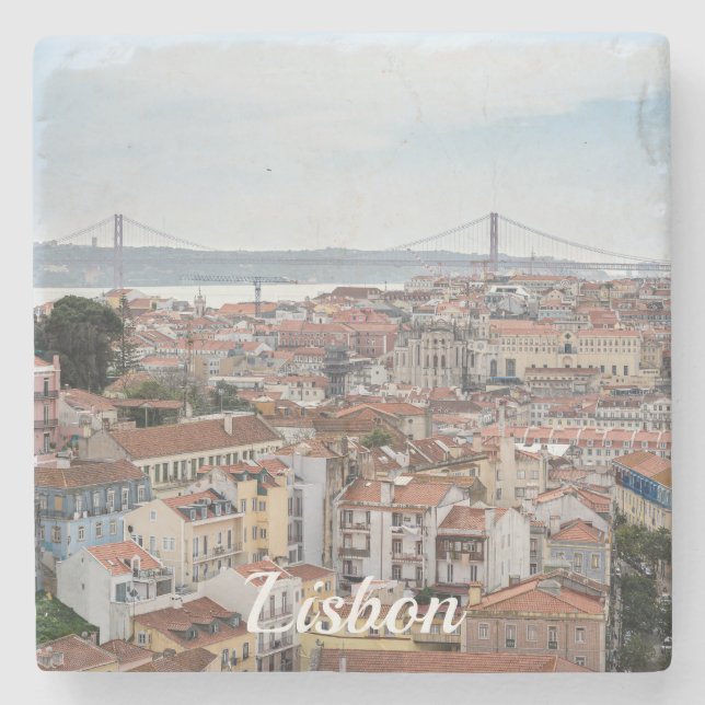View of Lisbon old town and 25th of April Bridge Stone Coaster (Front)