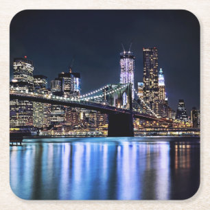 View of New York's Brooklyn bridge reflection Square Paper Coaster