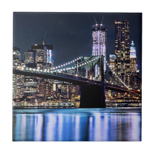 View of New York's Brooklyn bridge reflection Tile