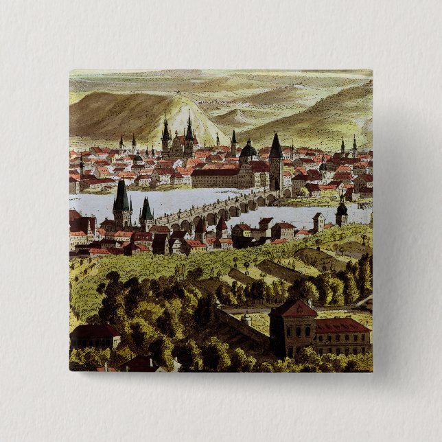 View of Prague 2 Inch Square Button (Front)