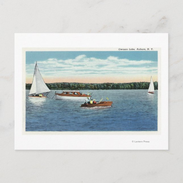 View of Sail and Motor Boats on Owasco Lake Postcard (Front)