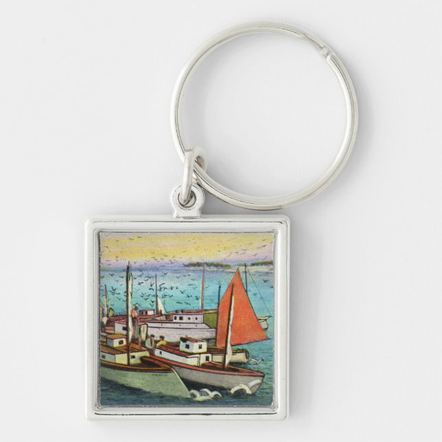 View of Sea Gulls and Ships at the Wharf Keychain (Front)
