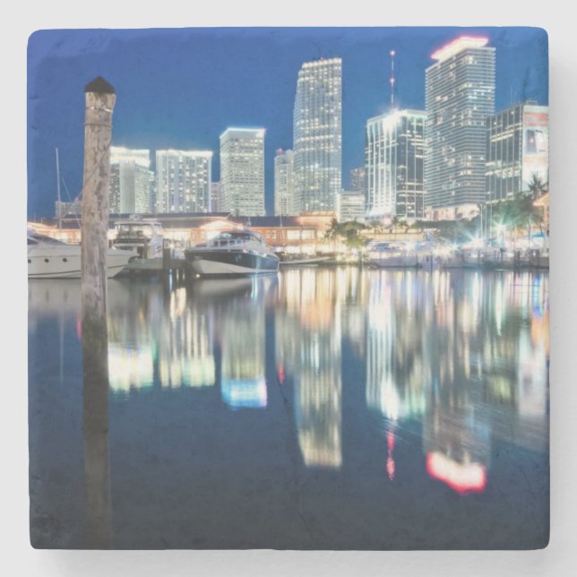 View of skyline with reflection in water, Miami Stone Coaster (Front)