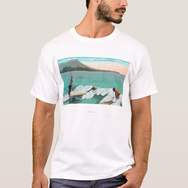 View of Surfers Board Riding, One Taking a T-Shirt (Front)