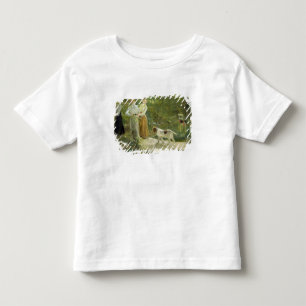 View of the artist's garden with his daughters toddler t-shirt