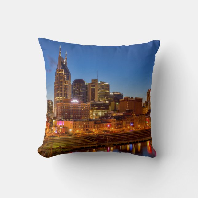 View of the city skyline at dusk throw pillow (Front)
