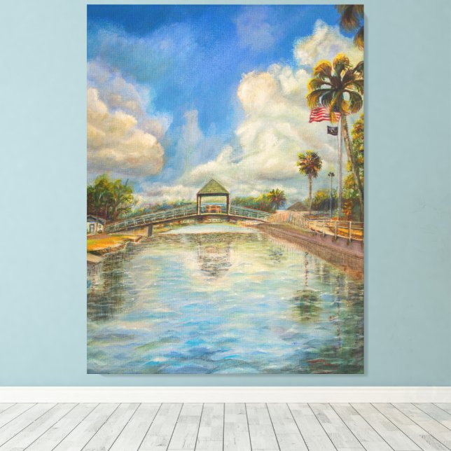 View of the walking bridge from the lake canvas print (Insitu(Wood Floor))