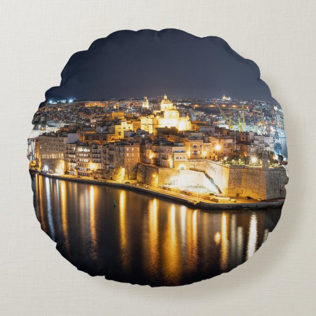 View of Three cities in Malta at night Round Pillow (Front)