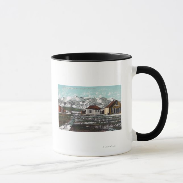 View of Town and Mountain After a Spring Snow Mug (Right)