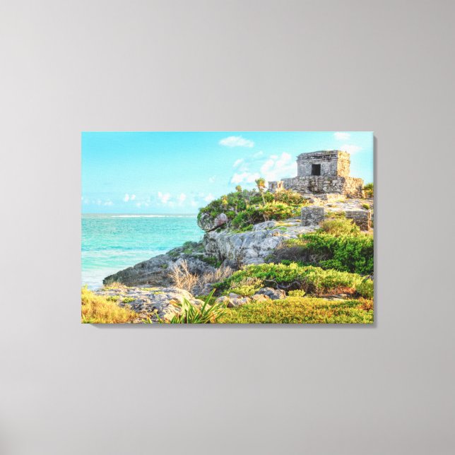 View Of Tulum Ruins, God Of Winds Temple, Mexico Canvas Print (Front)