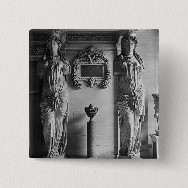 View of two caryatids from the Caryatids' 2 Inch Square Button (Front)