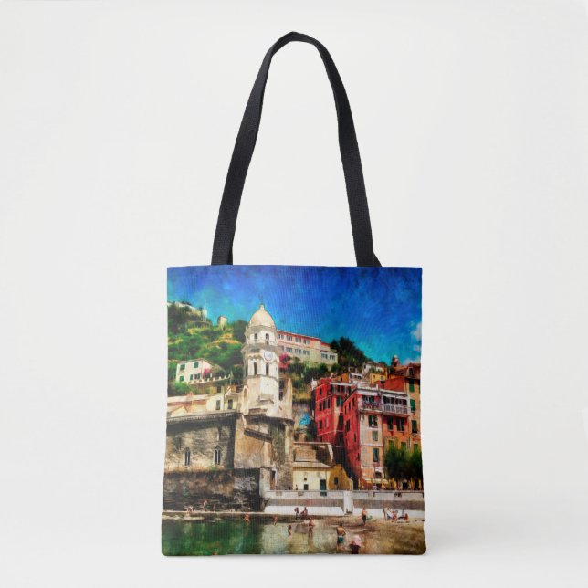 View of Vernazza, Italy. Watercolor painting conte Tote Bag (Front)