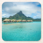 View on Bora Bora island coaster<br><div class="desc">Coaster with a luxury overwater thatched roof bungalow resort in a vacation resort in the clear blue lagoon with a view on the tropical island of Bora Bora, near Tahiti, in French Polynesia.</div>