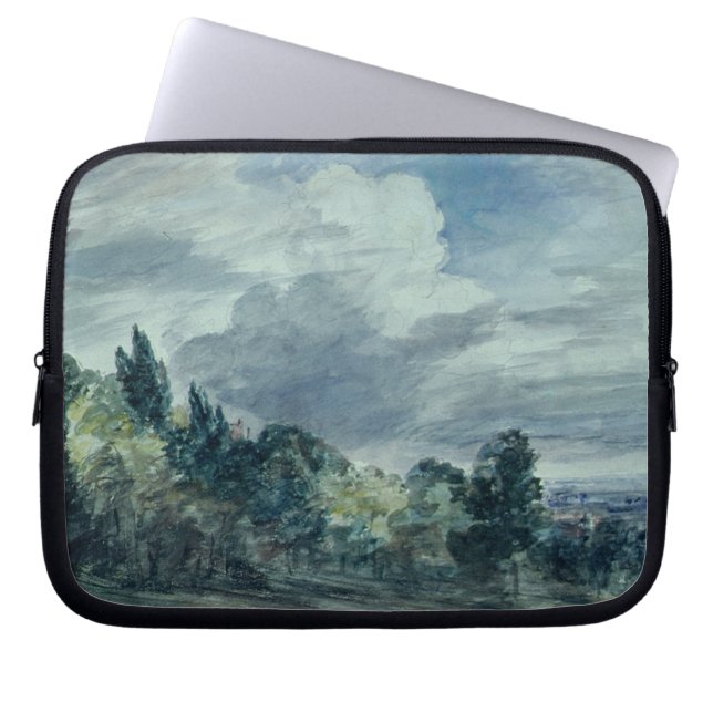 View over a wide landscape, with trees in the fore laptop sleeve (Front)