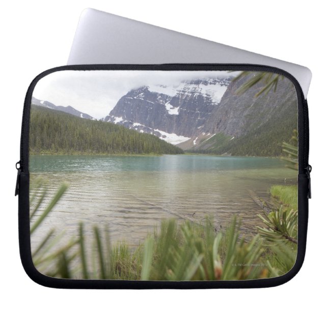 View past pine branches to mountain lake laptop sleeve (Front)