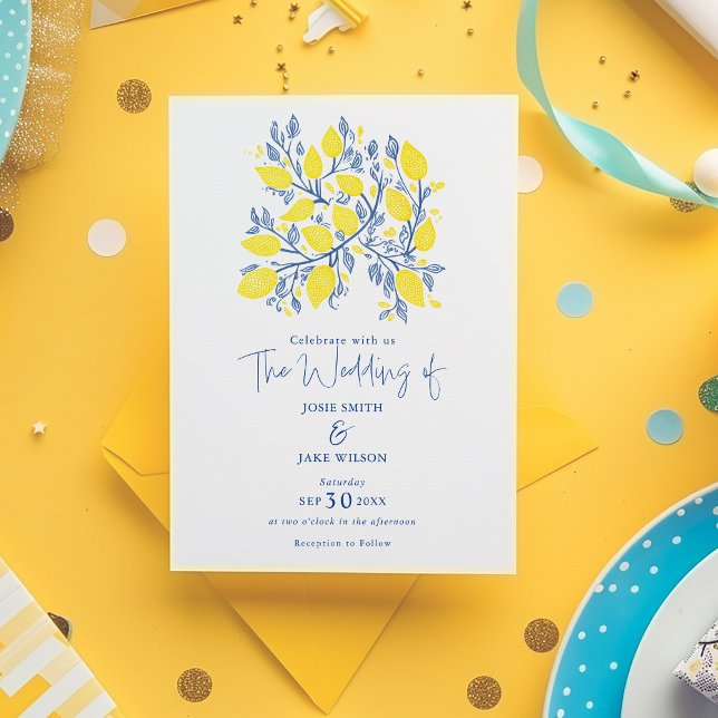 Vignes bleu et jaune citron Faire-part de mariage (Bright yellow and blue theme. The top of the card features a delightful lemon branch illustration.)