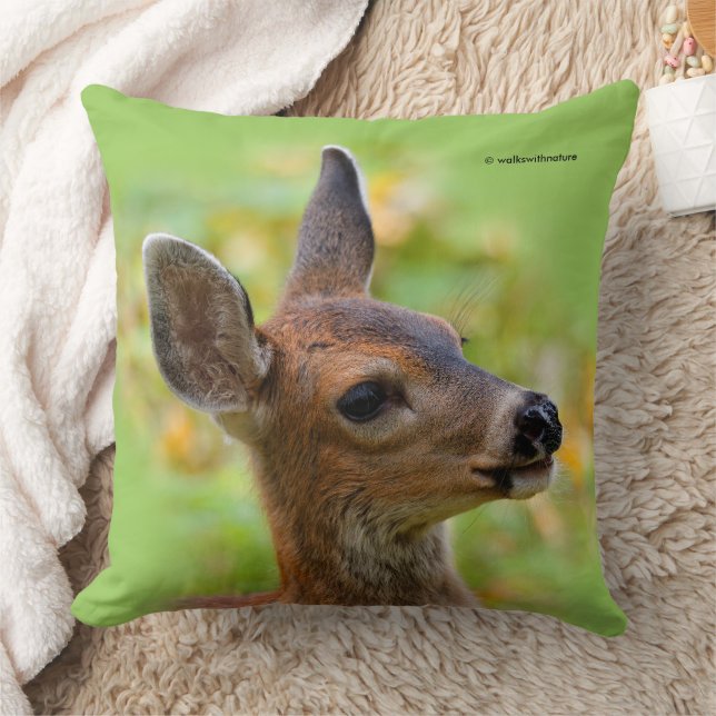 Vignetted Portrait of Smiling Blacktail Deer Fawn  Throw Pillow (Blanket)
