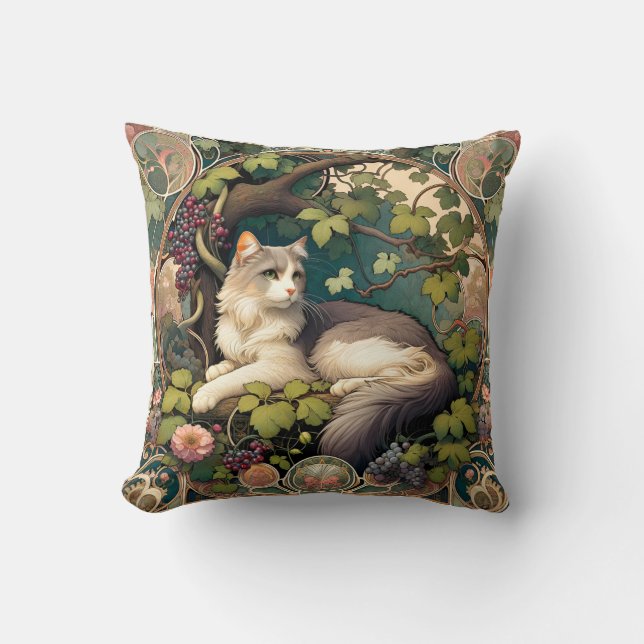 Vignoble verdoyant Art Nouveau Chat Coussin (Recto)