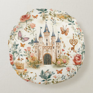 Viintage Medieval Castle Floral Fantasy Butterfly Round Pillow