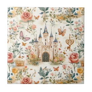 Viintage Medieval Castle Floral Fantasy Butterfly Tile