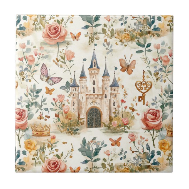 Viintage Medieval Castle Floral Fantasy Butterfly Tile (Front)